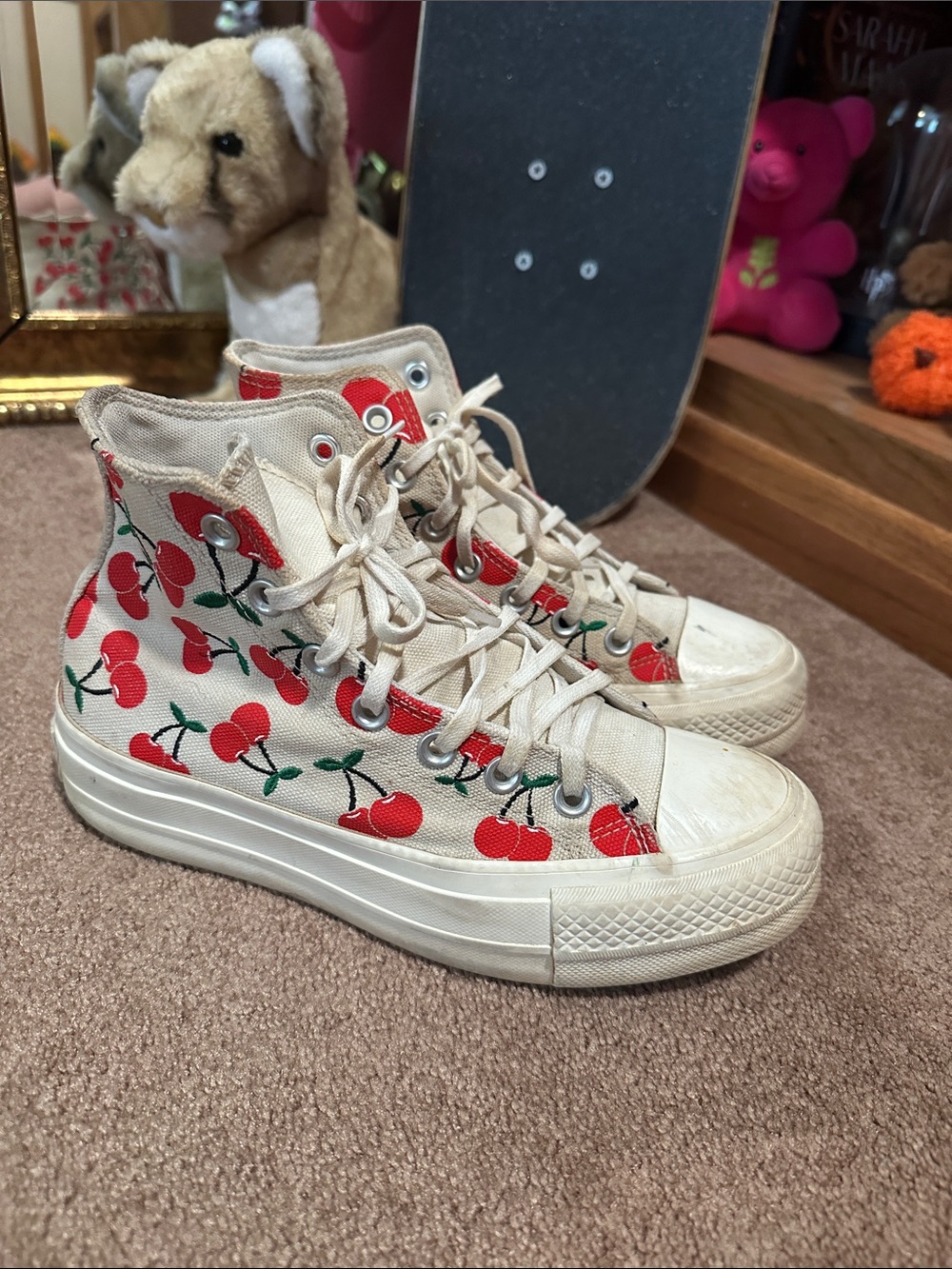 Converse High-Top Canvas Sneakers in Cream with Red Cherry Print